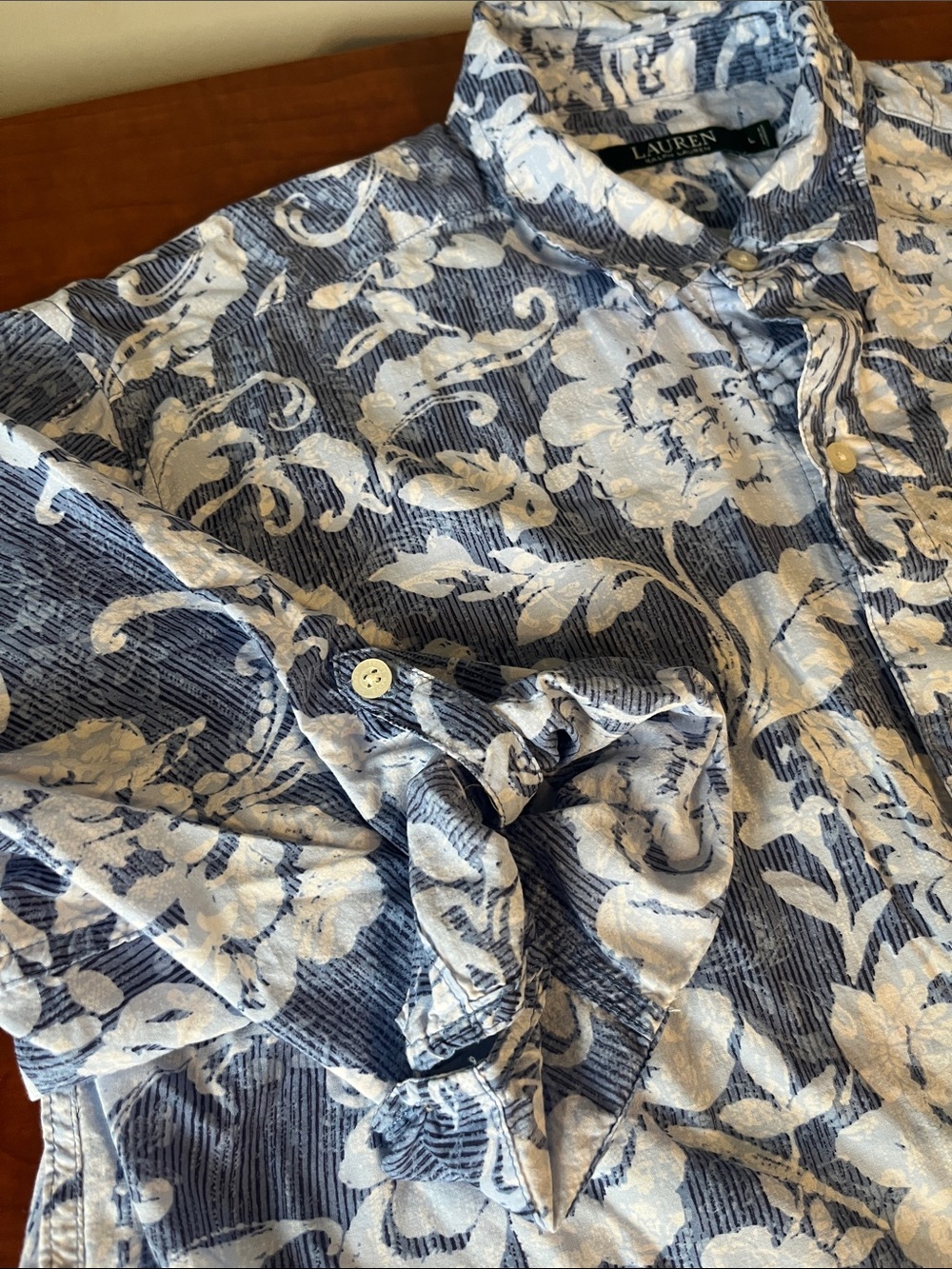 Ralph Lauren Cover Up Blue Floral 3/4 roll up Sleeve Tunic Breezy Button Up - Picture 9 of 11
